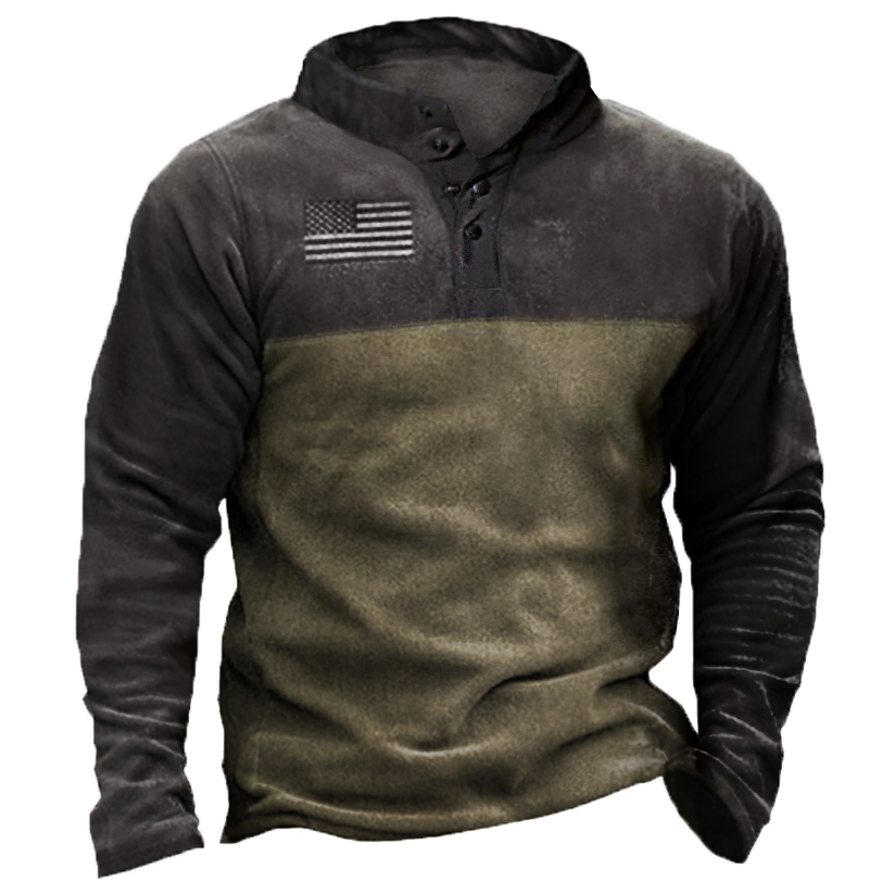 Men's American Flag Outdoor Chic Warm Fleece Henry Collar Tactical Sweatshirt