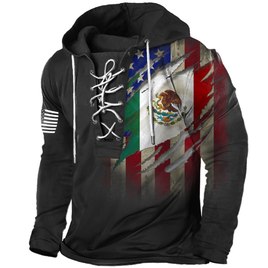 

Men's Vintage American Flag Print Mexico Flag Lace-Up Hooded Long Sleeve T-Shirt