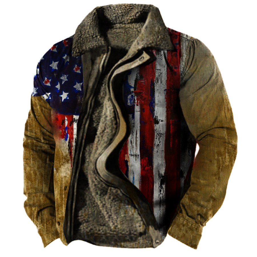 

Men's Outdoor Vintage Warm Fleece American Flag Print Lapel Jacket