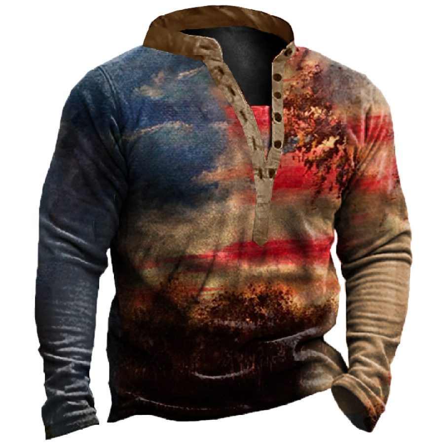 

Men's Vintage American Flag Print Henley Collar Sweatshirt