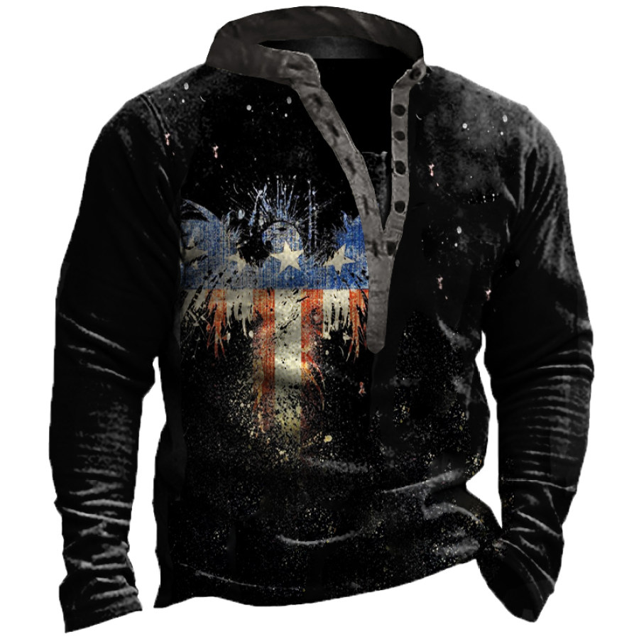 

Men's Vintage American Flag With Eagle Print Henley Collar Sweatshirt