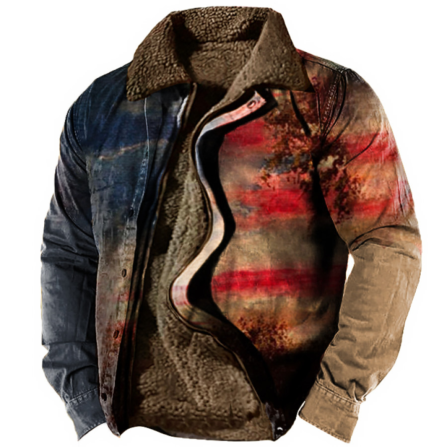 

Men's Outdoor Retro Thermal Lamb Fleece American Flag Print Tactical Jacket