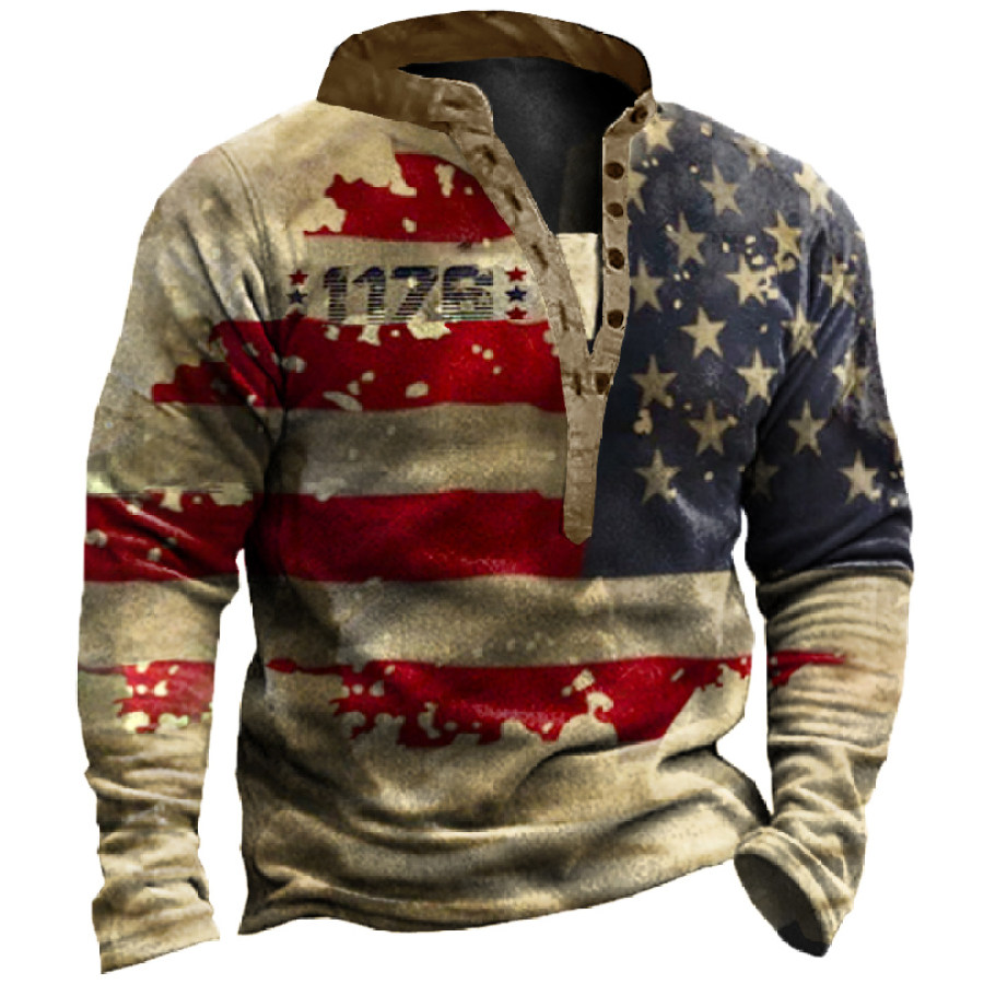 

Men's Vintage American Flag Print Henley Collar Sweatshirt