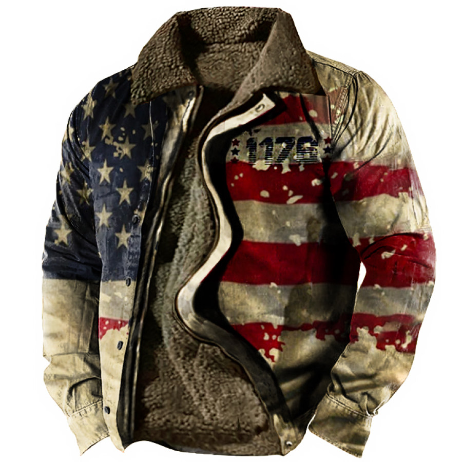 

Men's Outdoor Vintage Warm Fleece American Flag Print Lapel Jacket