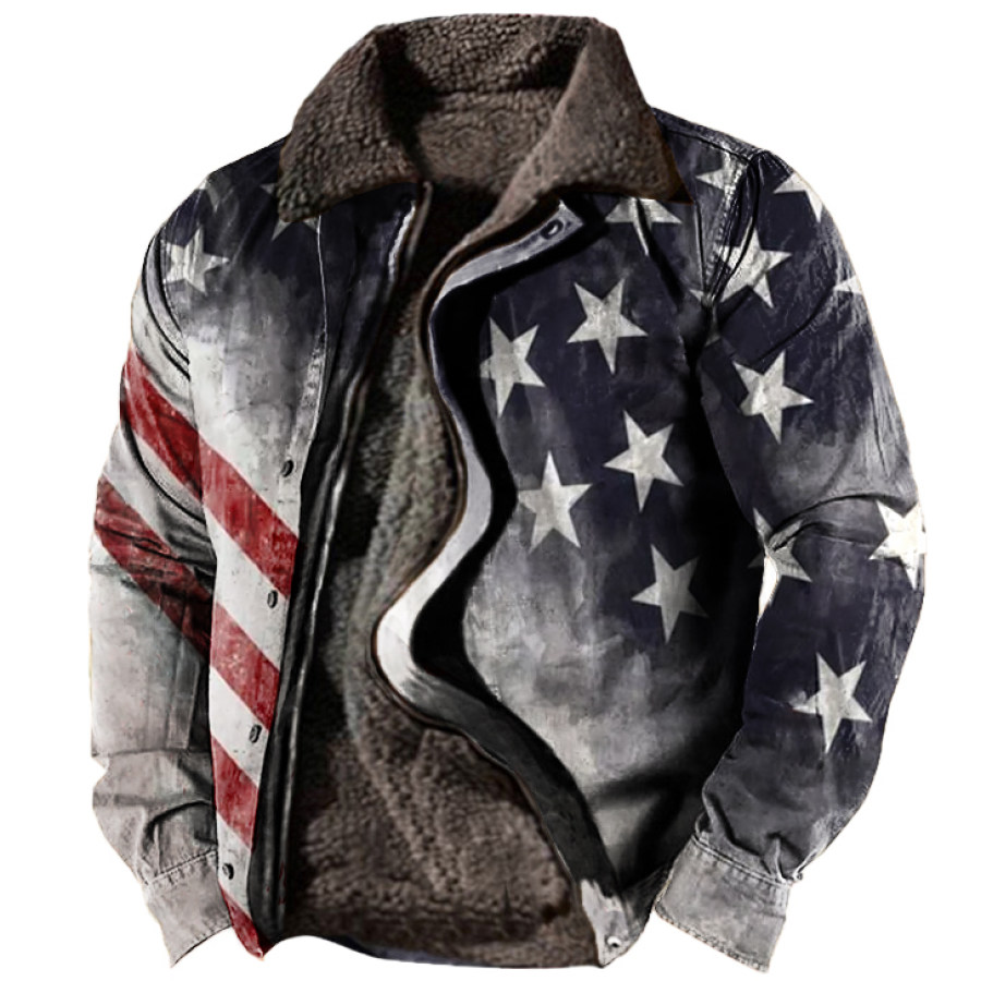 

Men's Outdoor Vintage Warm Fleece American Flag Print Lapel Jacket