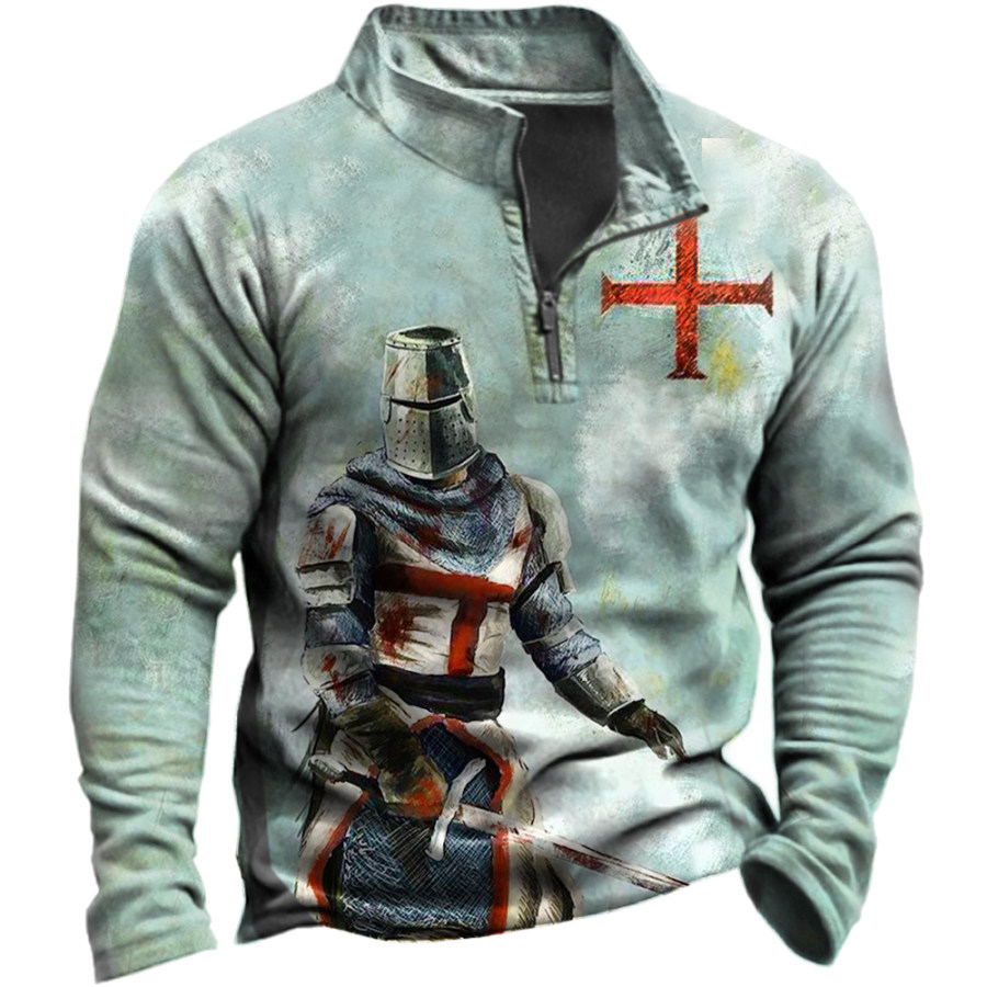 

Men's Vintage Knight Cross Print Stand Collar Sweatshirt