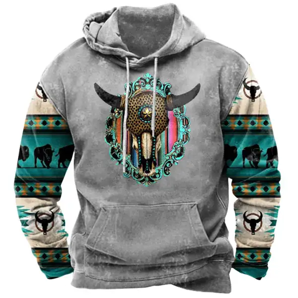 Men's Ethnic Geometric Steer Skull Western Hoodie - Kalesafe.com 