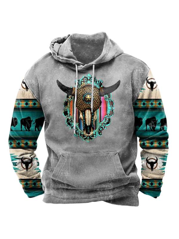 Men's Ethnic Geometric Steer Skull Western Hoodie