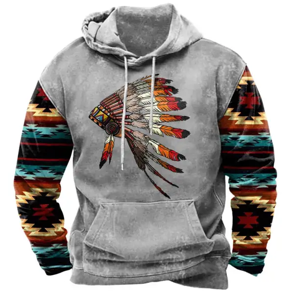 Men's Ethnic Geometric Indian Feathers Headdress Hoodie - Kalesafe.com 