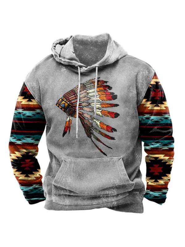 Men's Ethnic Geometric Indian Feathers Headdress Hoodie