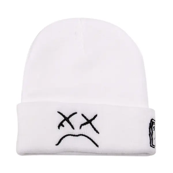 Embroidered Knitted Hat With Sad Face Expression - Xmally.com 