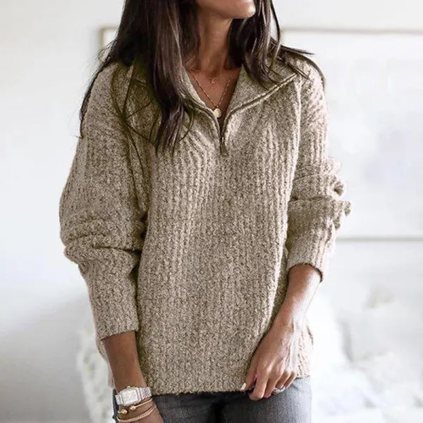 Brief Pure Color Long Sleeve Metal Zipper Sweater - Veveeye.com 