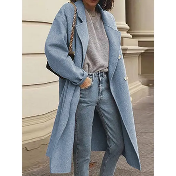 Solid Color Woolen Double-breasted Coat - Veveeye.com 