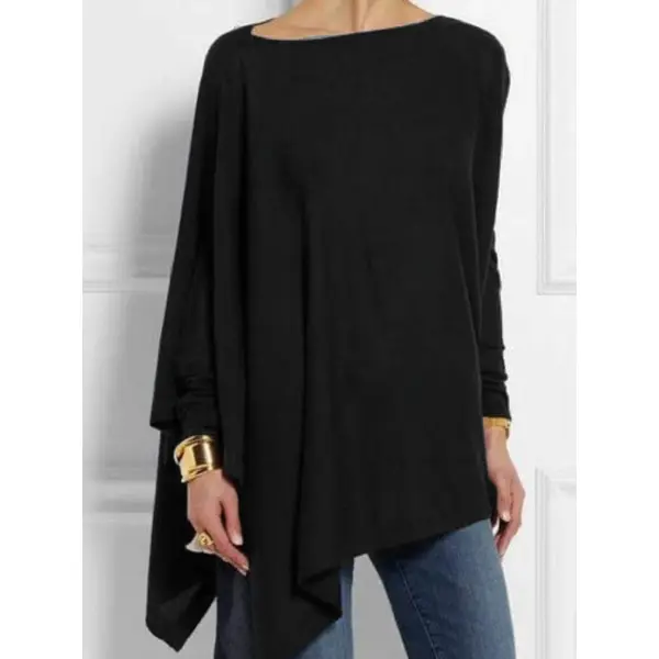 Casual Long Sleeve Loose Irregular Pure Color Pullover T-Shirt Top - Veveeye.com 