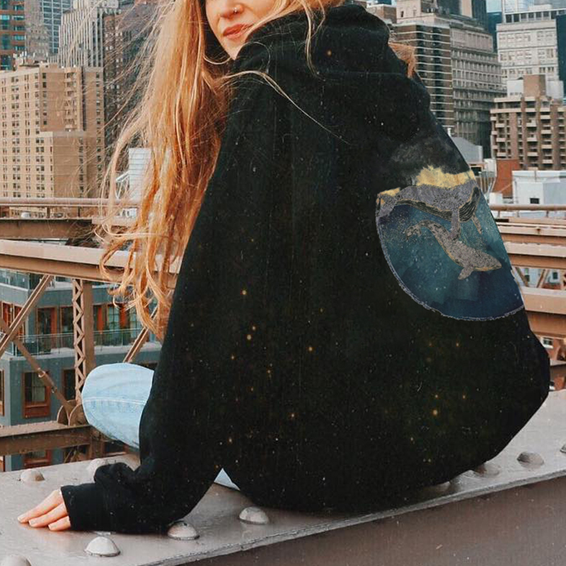 Vintage Casual Long sleeved Whale Print Sweatshirt