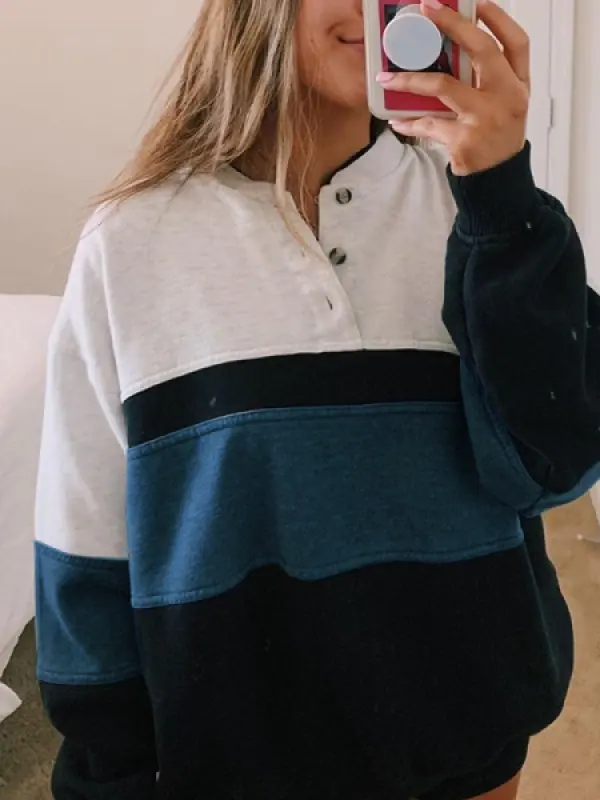 Vintage Casual Long-sleeved Color Block Sweater - Oasisjoy.com 