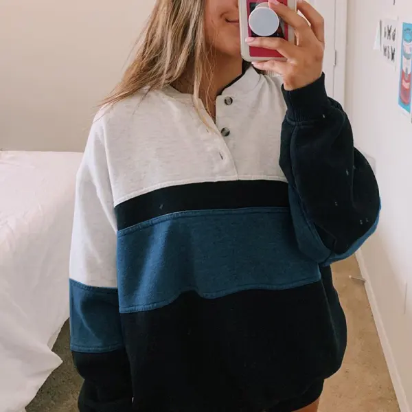 Vintage Casual Long-sleeved Color Block Sweater - Veveeye.com 