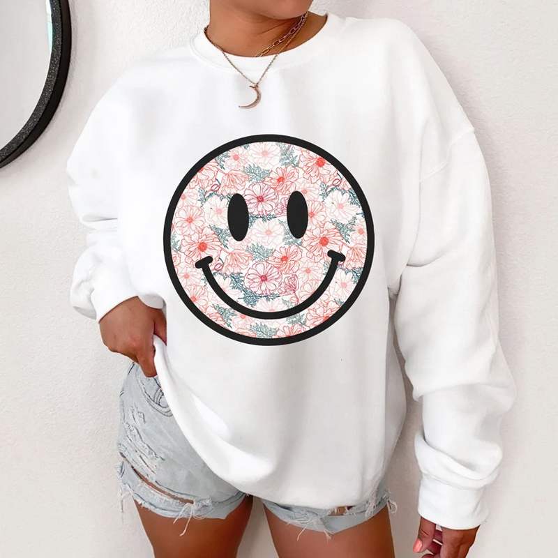 Retro Smile Face Floral Print Sweatshirt