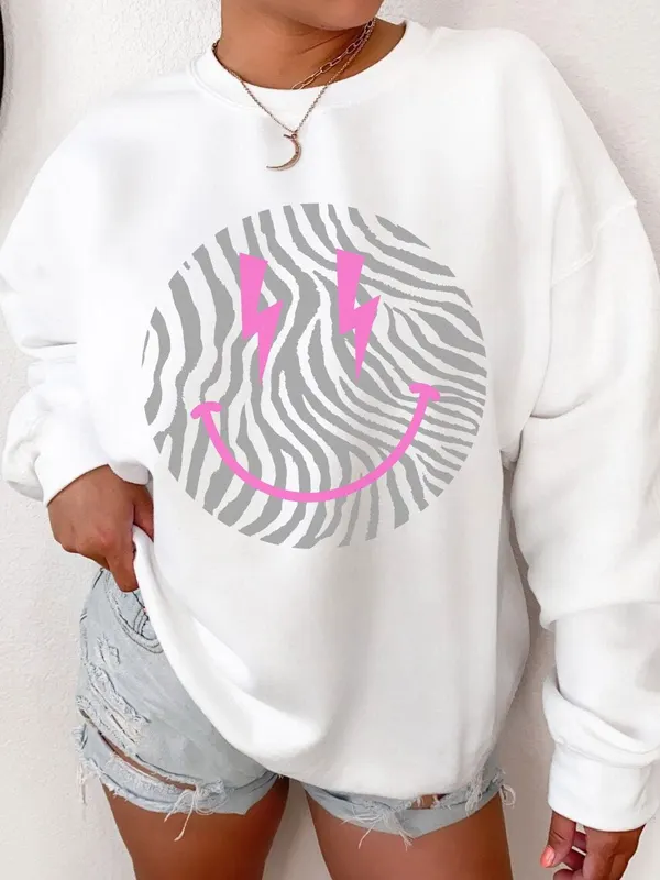 Retro Smile Face Zebra Print Sweatshirt - Oasisjoy.com 