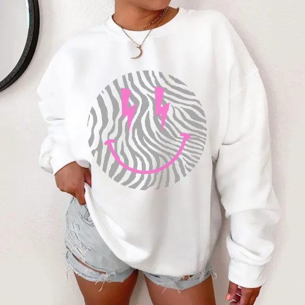Retro Smile Face Zebra Print Sweatshirt - Spiretime.com 