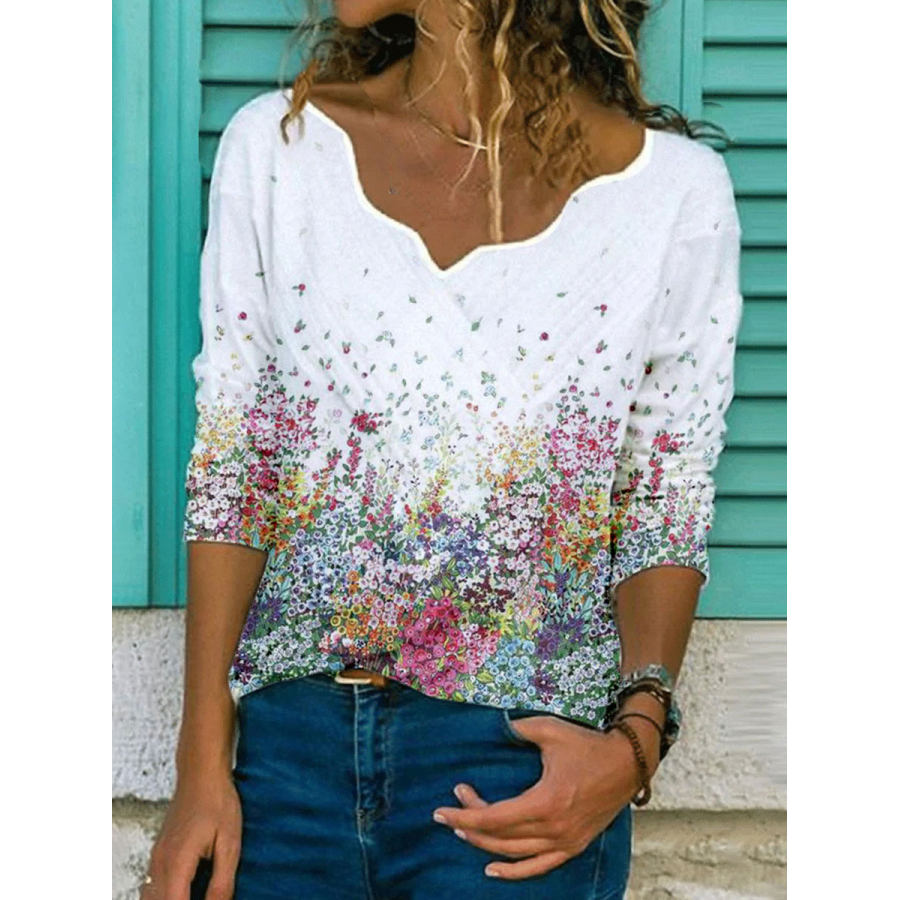 

Flower Print Lace V-neck Long-sleeved Casual T-shirt