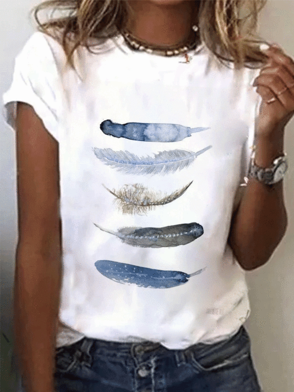 Fashion Feather Print Round Neck Short Sleeve Casual T-shirt - Funluc.com 