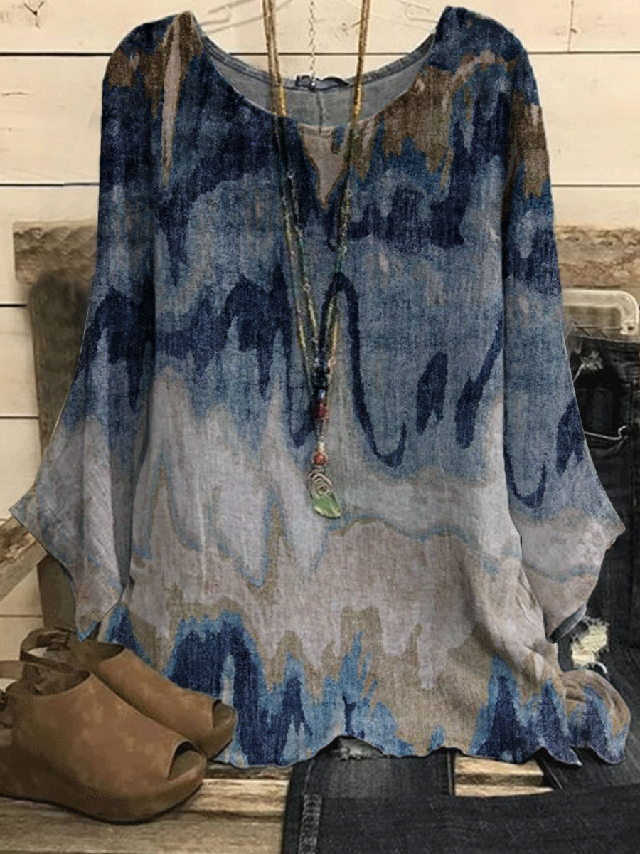 Round Neck Gradient Print Casual Loose Long sleeved Blouse