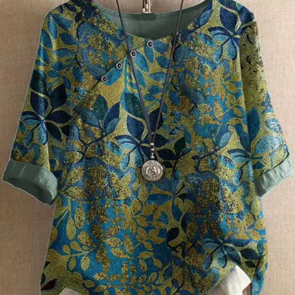Round Neck Bronzing Leaf Print Casual Blouse - Kalesafe.com 