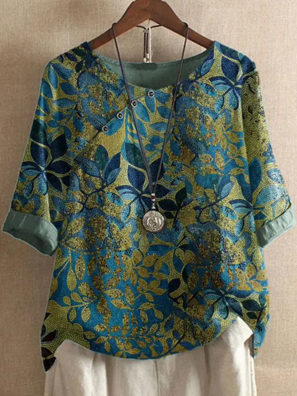 Round Neck Bronzing Leaf Print Casual Blouse - Oasisjoy.com 