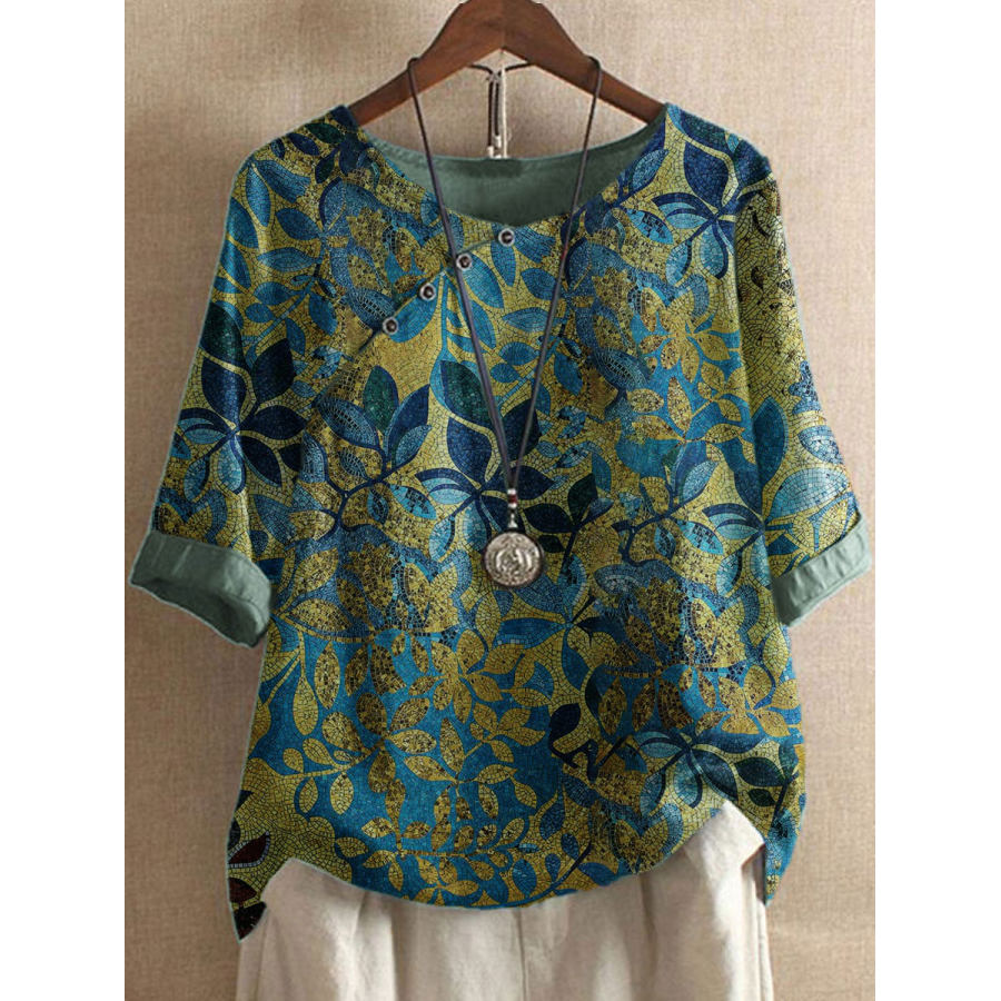 

Round Neck Bronzing Leaf Print Casual Blouse