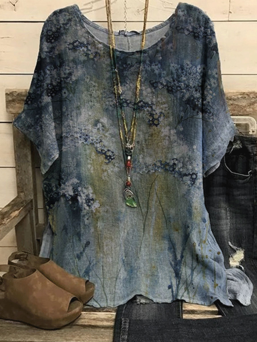 Round Neck Floral Print Cotton And Linen Short sleeved Blouse