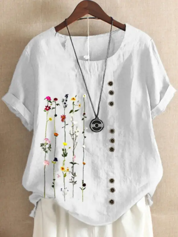 Блуза с короткими рукавами в стиле ретро с принтом из хлопка и льна - Funluc.com 
