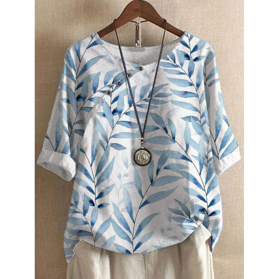 

Round Neck Cotton And Linen Leaf Print Blouse