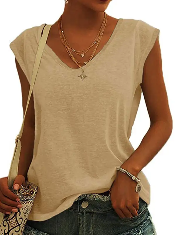 V-neck Solid Color Casual Loose Sleeveless T-shirt - Minicousa.com 