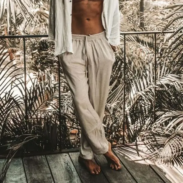 Men's Linen Minimalist Holiday Plain Trousers - Sanhive.com 