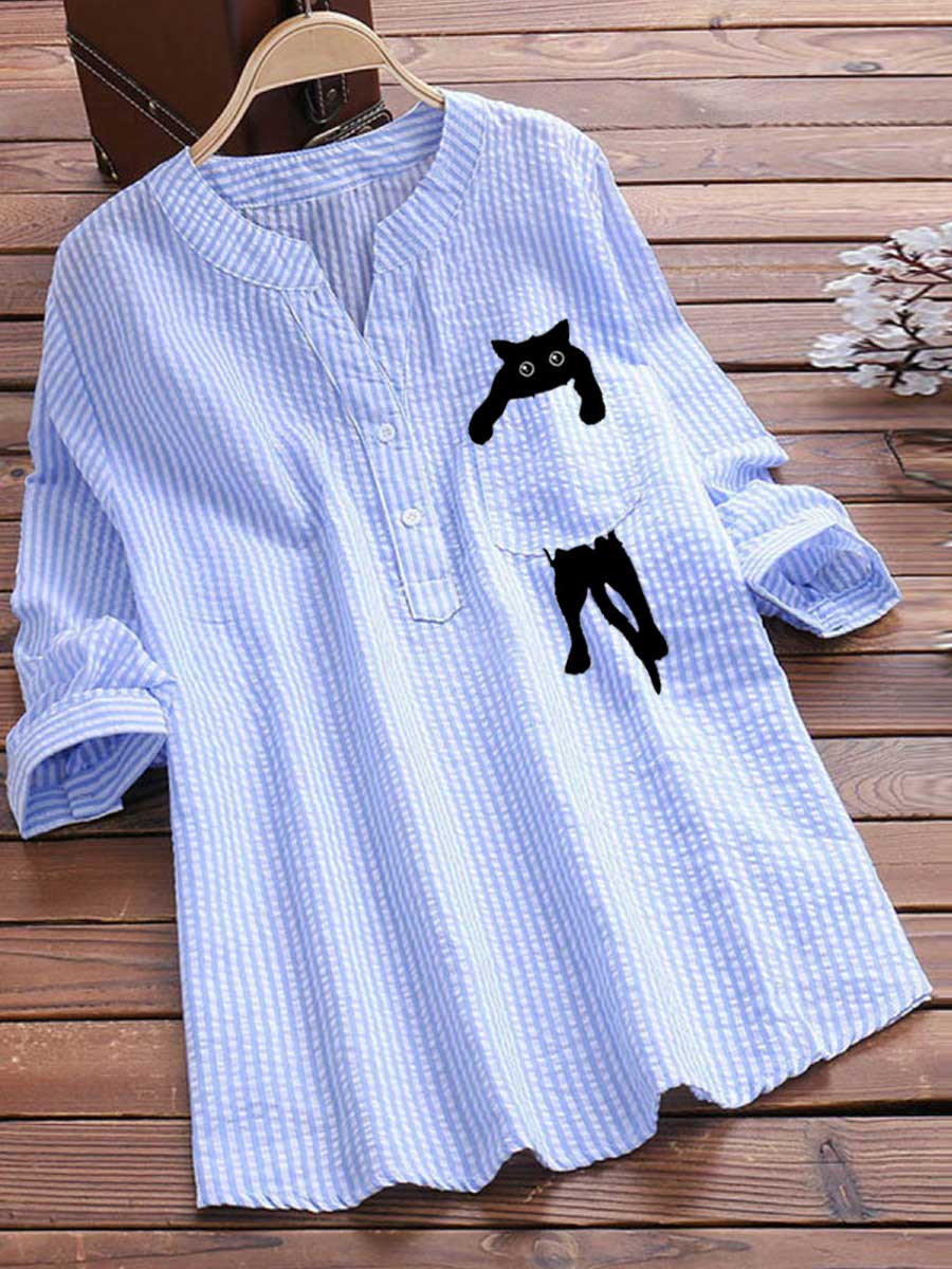 V-neck Cotton And Linen Chic Striped And Cat Print Long Sleeve Blouse