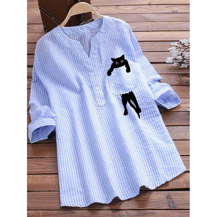 

Blusa A Maniche Lunghe Con Scollo A V In Cotone E Lino A Righe E Stampa Di Gatti