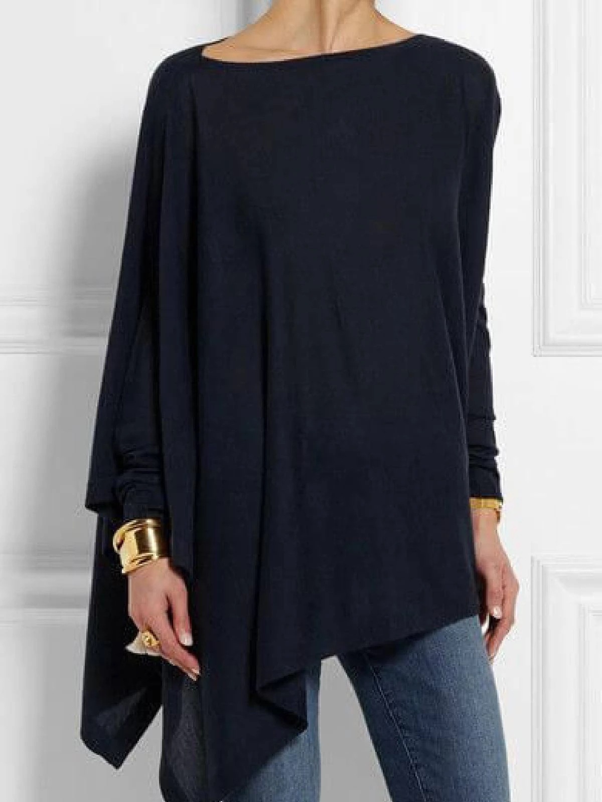 Casual Long Sleeve Loose Irregular Pure Color Pullover T Shirt Top