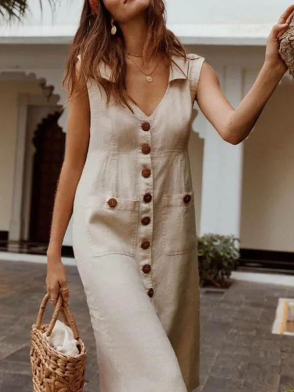 V-neck Single-breasted Linen Dress With Pockets - Machoup.com 