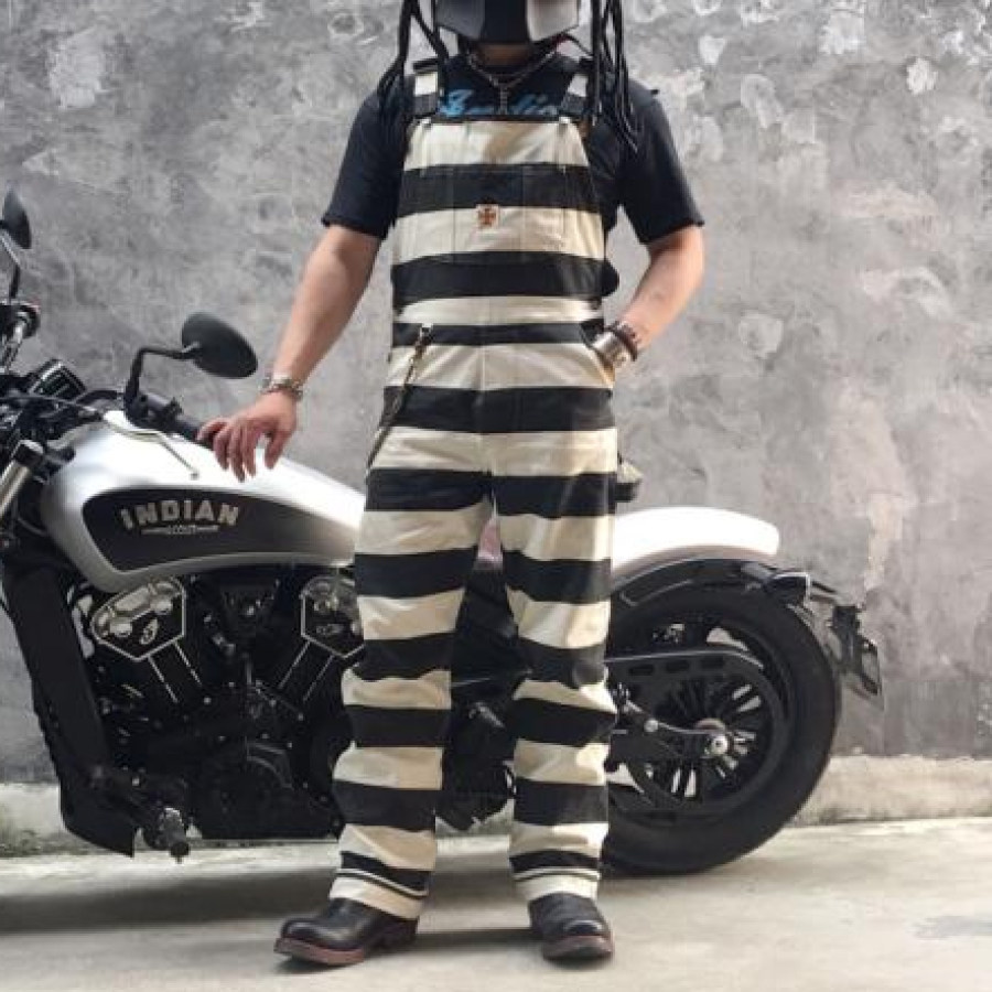 

16oz motorcycle style prison uniform style striped overalls