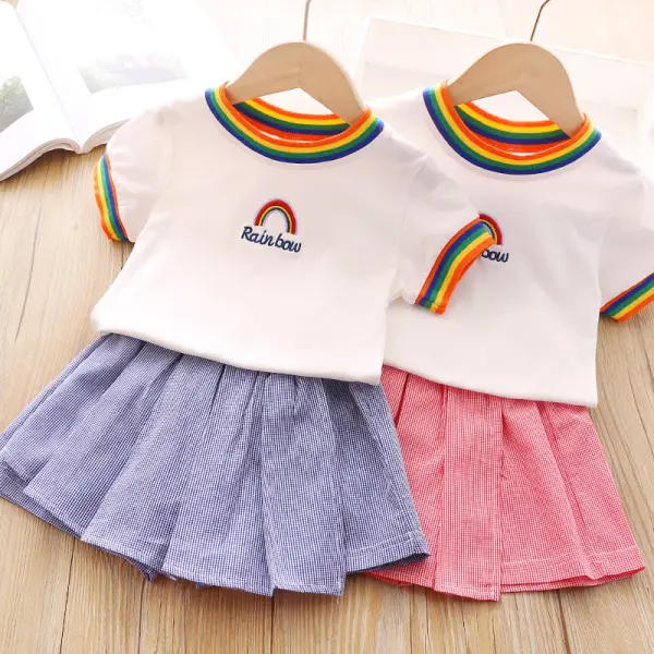 【18M-7Y】Girls Rainbow Striped Short Sleeve Top Pleated Skirt Set - Popopiestyle.com 