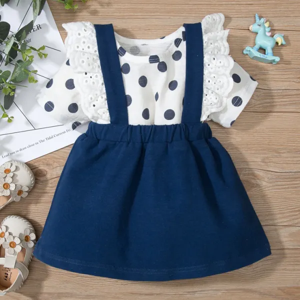 【9M-3Y】Cute Polka Dot Printed Round Neck T-shirt and Strap Skirt Set - Popopiestyle.com 