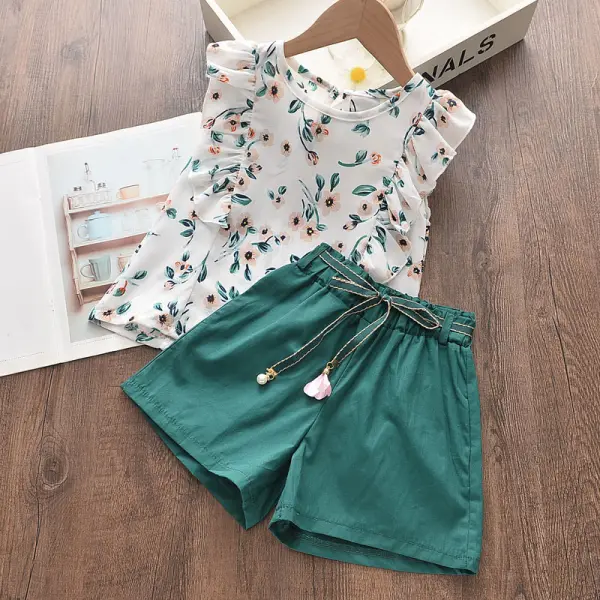 【18M-7Y】Girl Sweet Green Floral Chiffon Vest Shorts Set - Popopiestyle.com 