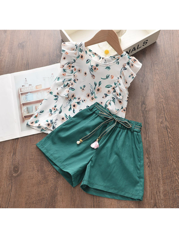 【18M-7Y】Girl Sweet Green Floral Chiffon Vest Shorts Set - 3459