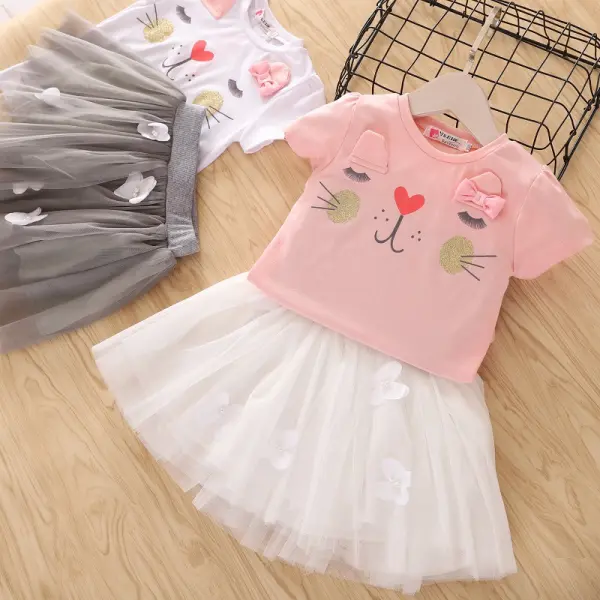 【2Y-9Y】Cute Cartoon Printed T-shirt and Mesh Skirt Set - Popopiestyle.com 