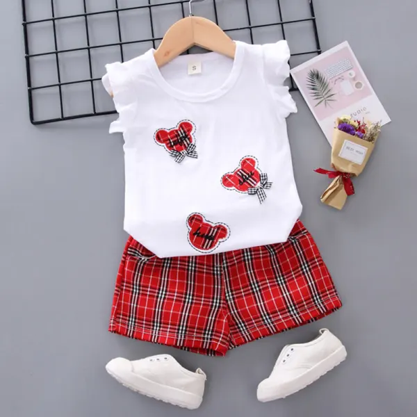 【12M-4Y】Girl Sweet Cartoon Embroidered Vest Plaid Shorts Set - Popopiestyle.com 