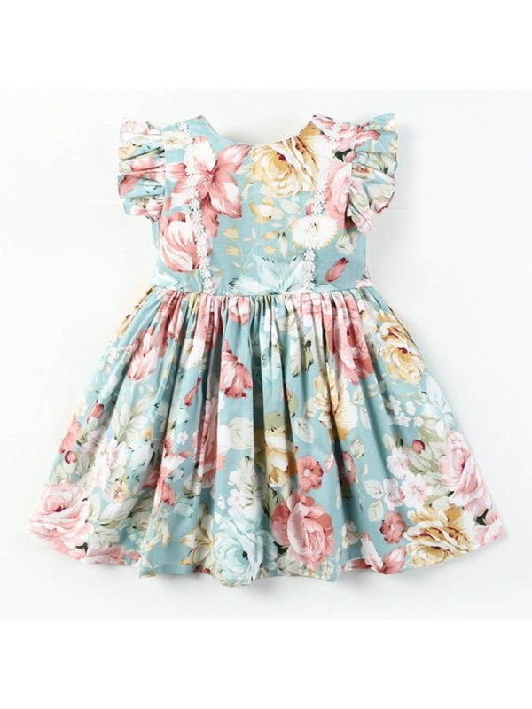 【18M-7Y】Girls Fresh Flowers Full Print Crew Neck Lace Sleeve Dress