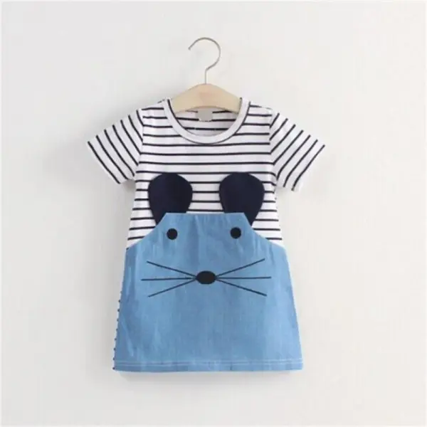 【18M-7Y】Girls Cartoon Mouse Stripe Stitching Short Sleeve Dress - Popopiestyle.com 