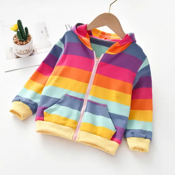【18M-9Y】Girl Rainbow Stripe Print Hooded Sweatshirt Jacket - Popopiearab.com 