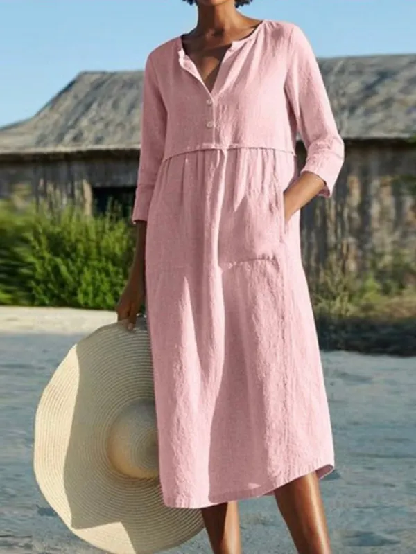 Women Casual Plain Short Sleeve Linen Dress - Viewbena.com 
